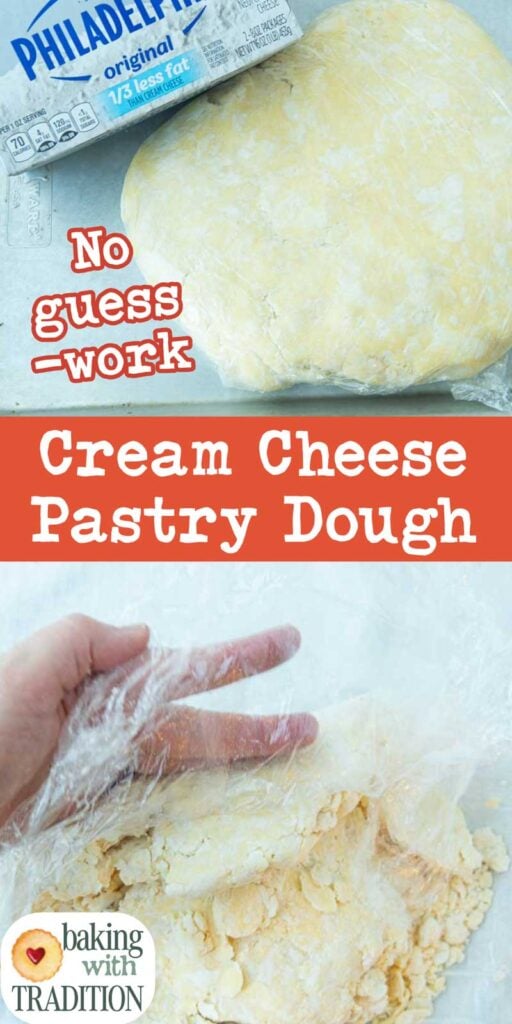 cream cheese pastry dough disk with block of cream cheese and folding dough onto itself with plastic and text overlay