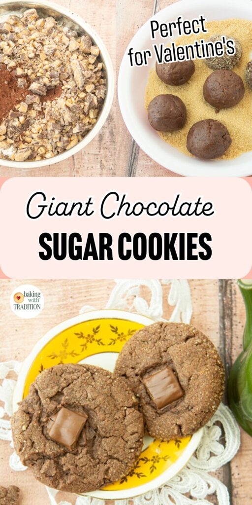 chopped toffee in flour, rolling chocolate dough balls in raw sugar, chocolate sugar cookies topped with toffee squares, text overlay