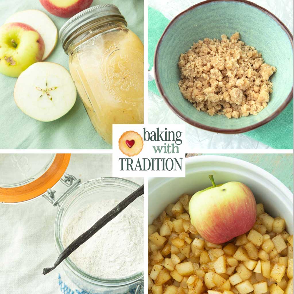 applesauce, streusel in bowl, vanilla sugar, and apple pie filling in bowl with text overlay
