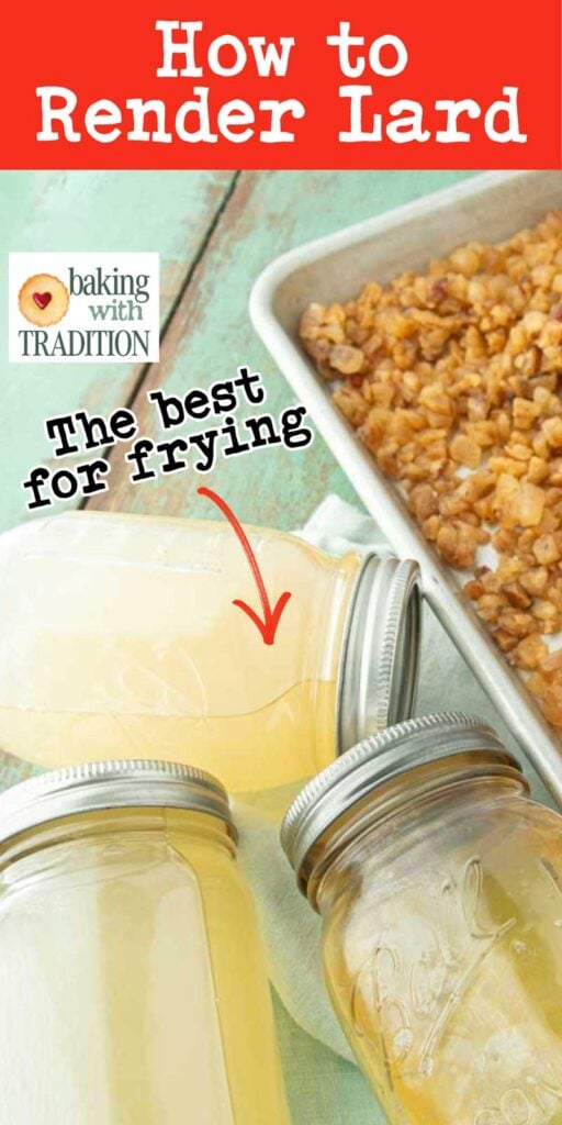 jars of rendered lard and crispy cracklings on sheet tray with text overlay
