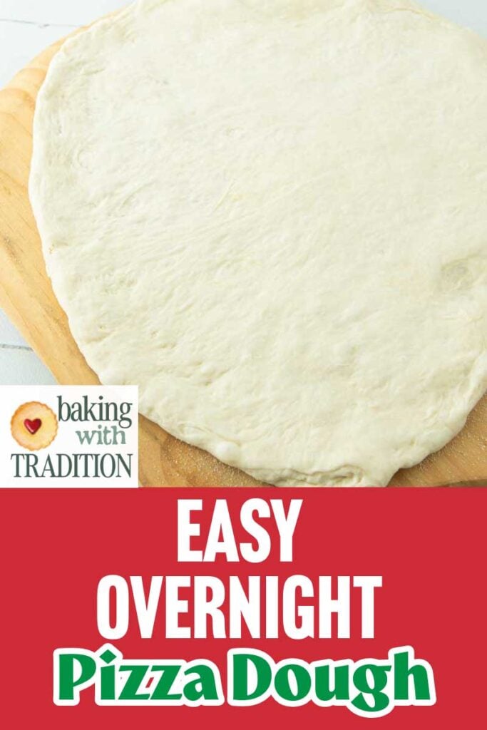 pizza dough stretched into circle on pizza peel with text overlay