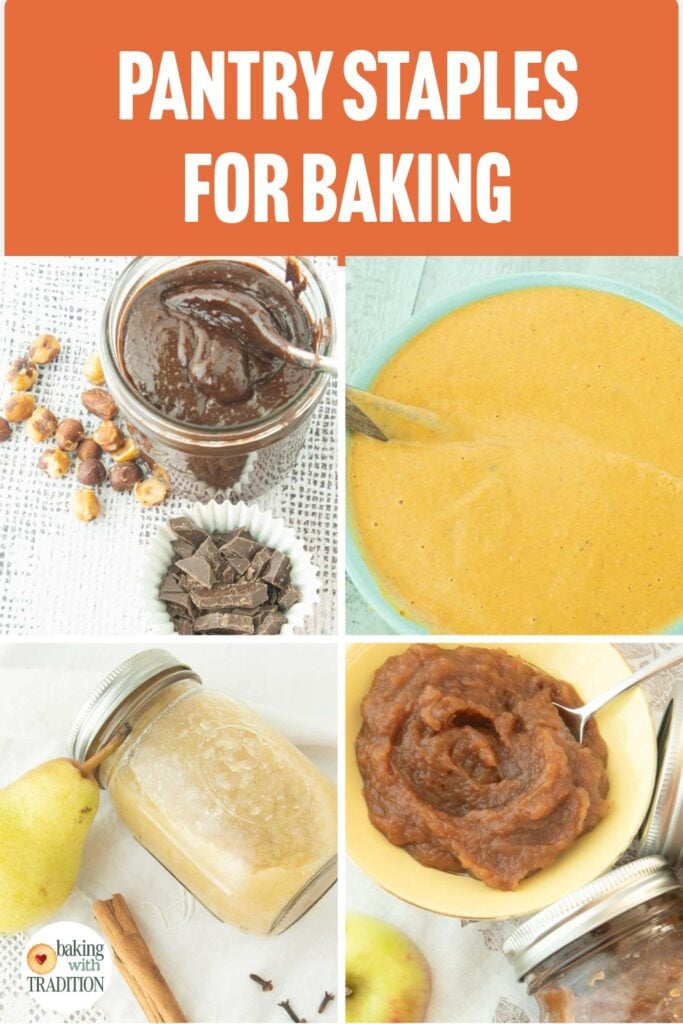homemade nutella, pumpkin pie filling, pear sauce, and homemade apple butter, text overlay