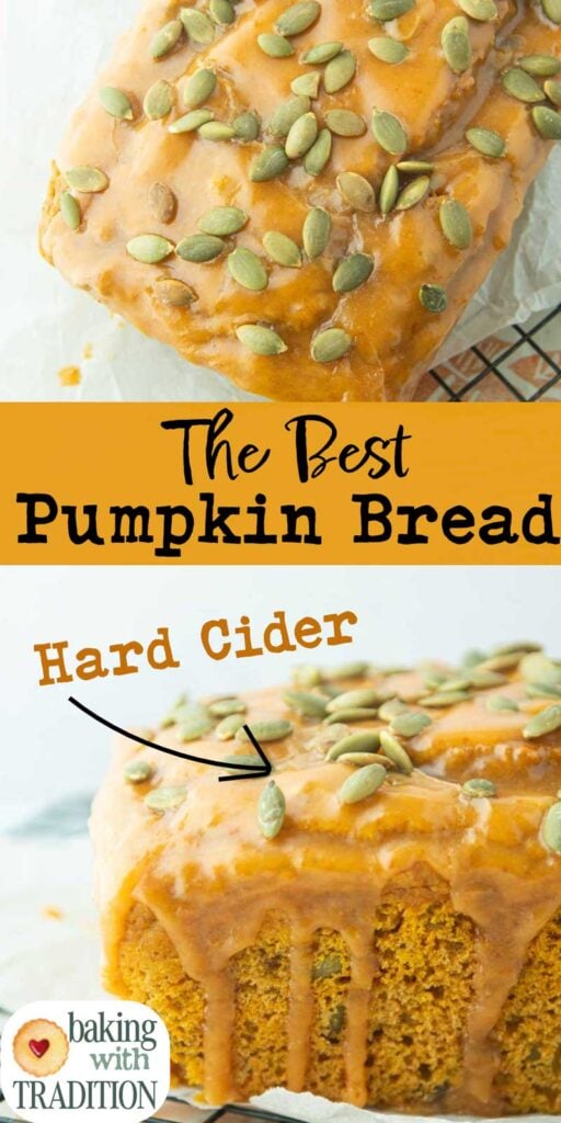 top of iced pumpkin bread and closeup of iced pumpkin bread with text overlay