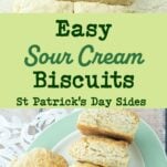 cutting sour cream biscuits before baking, stack of flaky sour cream biscuits on plate, text overlay