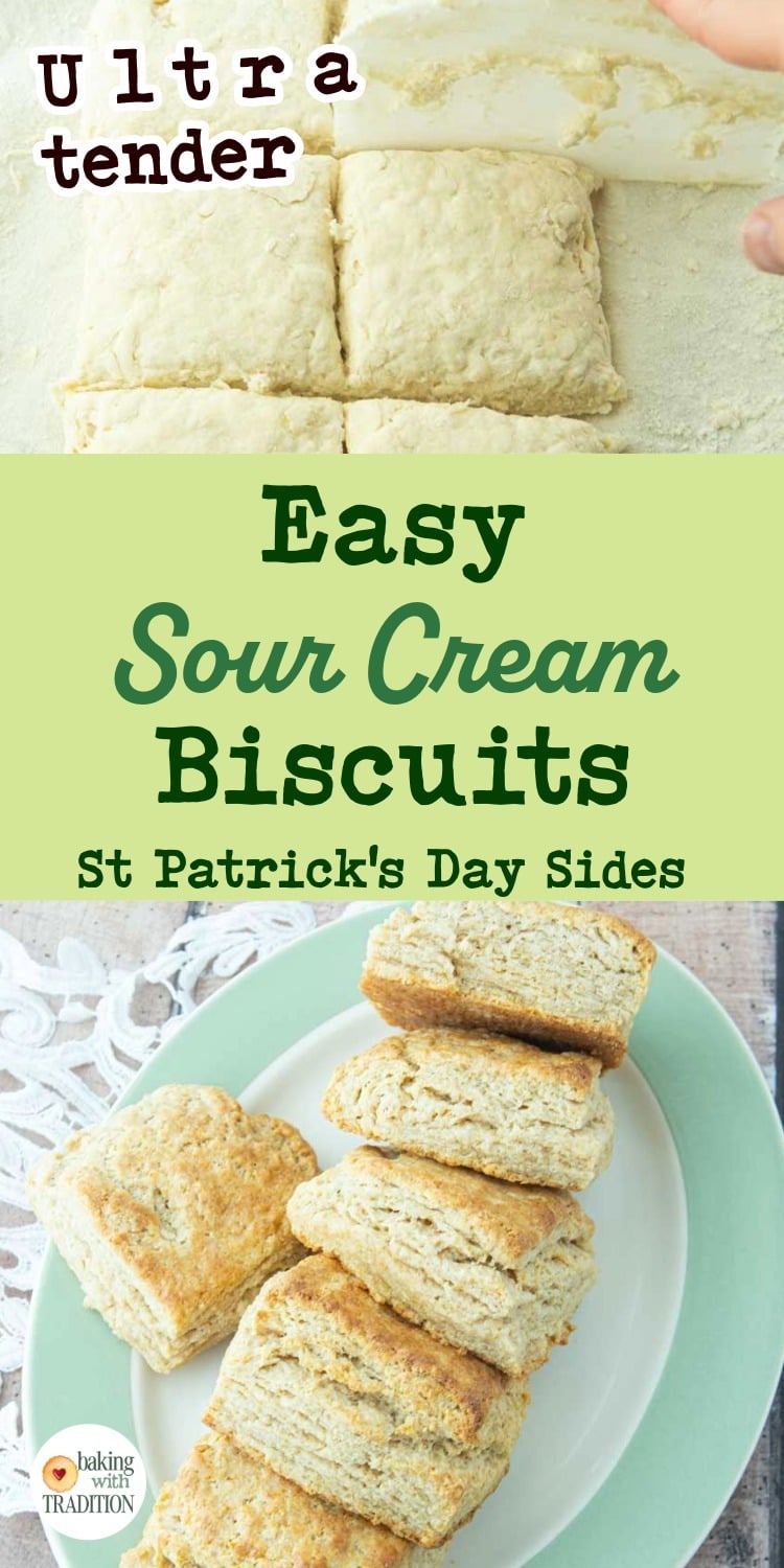 cutting sour cream biscuits before baking, stack of flaky sour cream biscuits on plate, text overlay