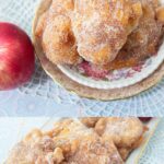 small stack of apple fritters on plate with whole apple, and larger closeup of apple fritters on platter