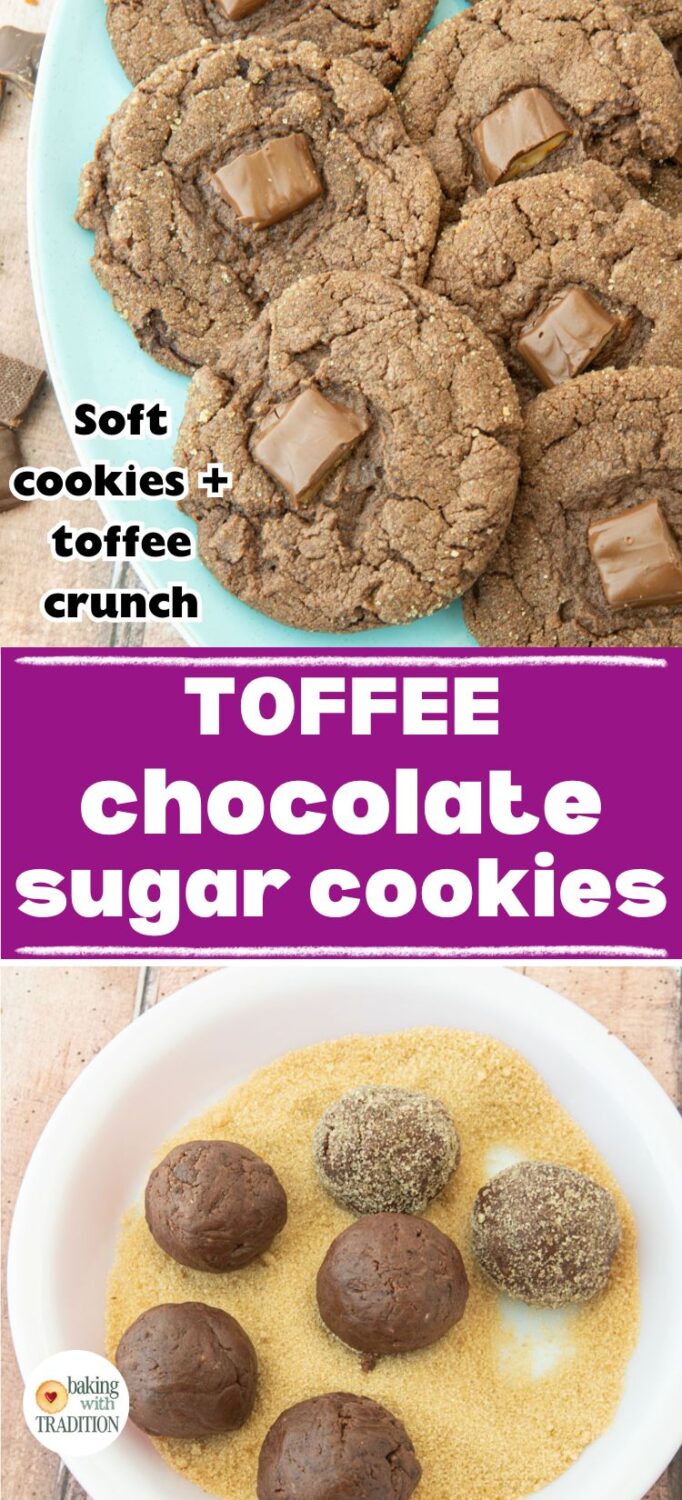 toffee topped chocolate sugar cookies on plate, rolling chocolate sugar cookie dough in raw sugar, text overlay