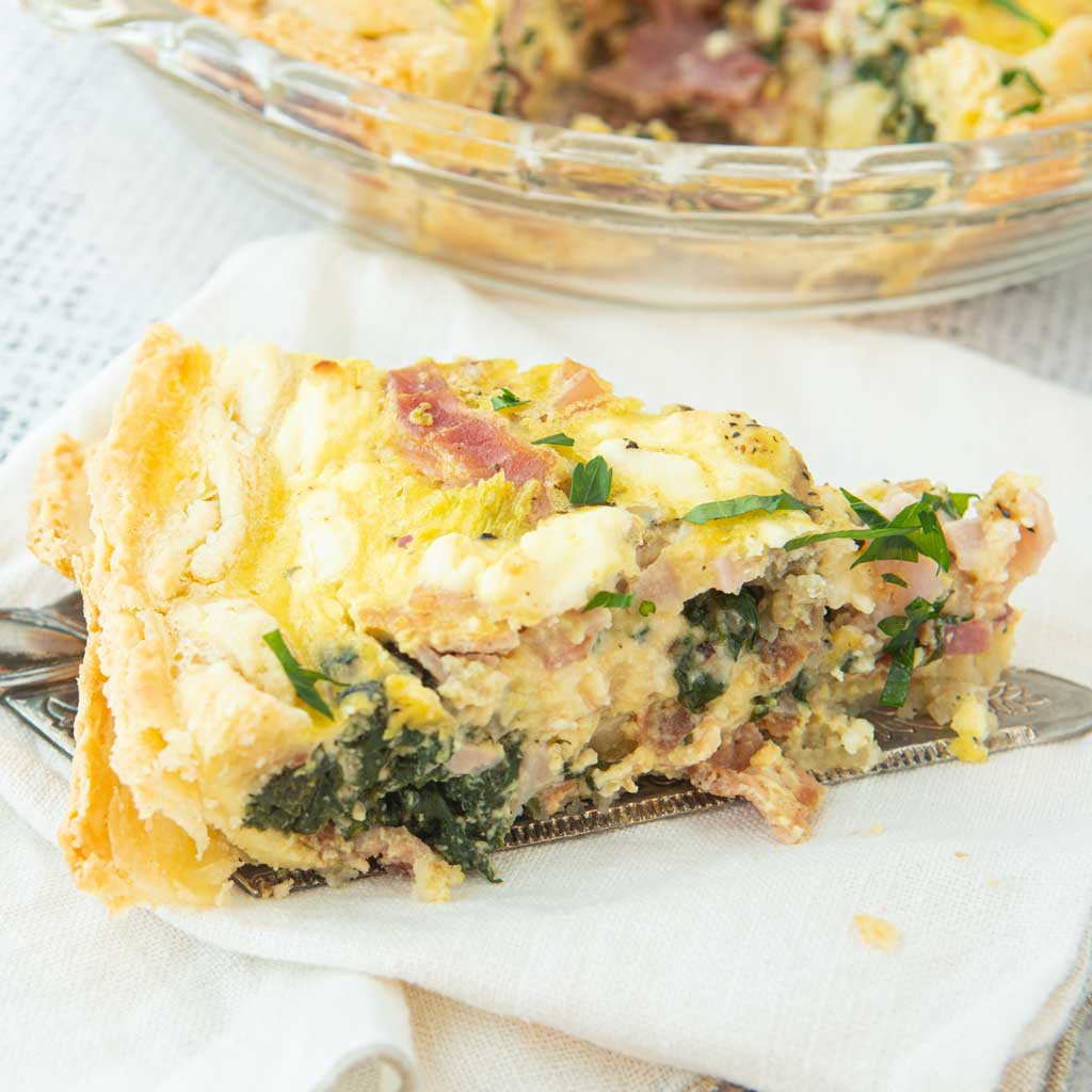 closeup of bacon spinach quiche