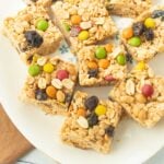 closeup of peanut butter rice krispie bars on plate