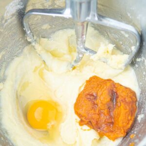 adding egg and pumpkin to batter