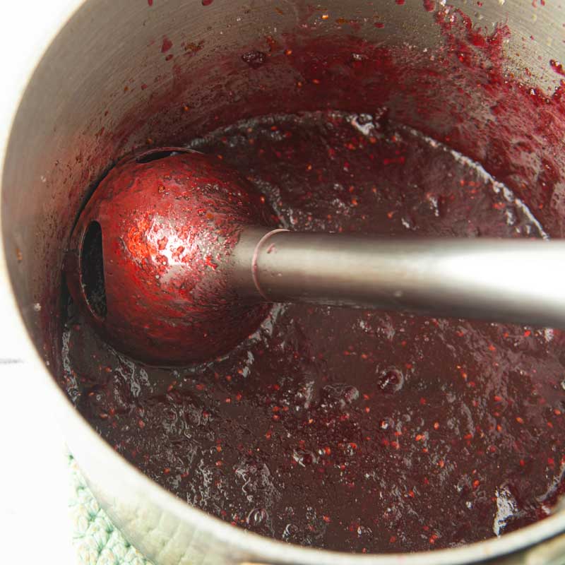blending cranberries with immersion blender