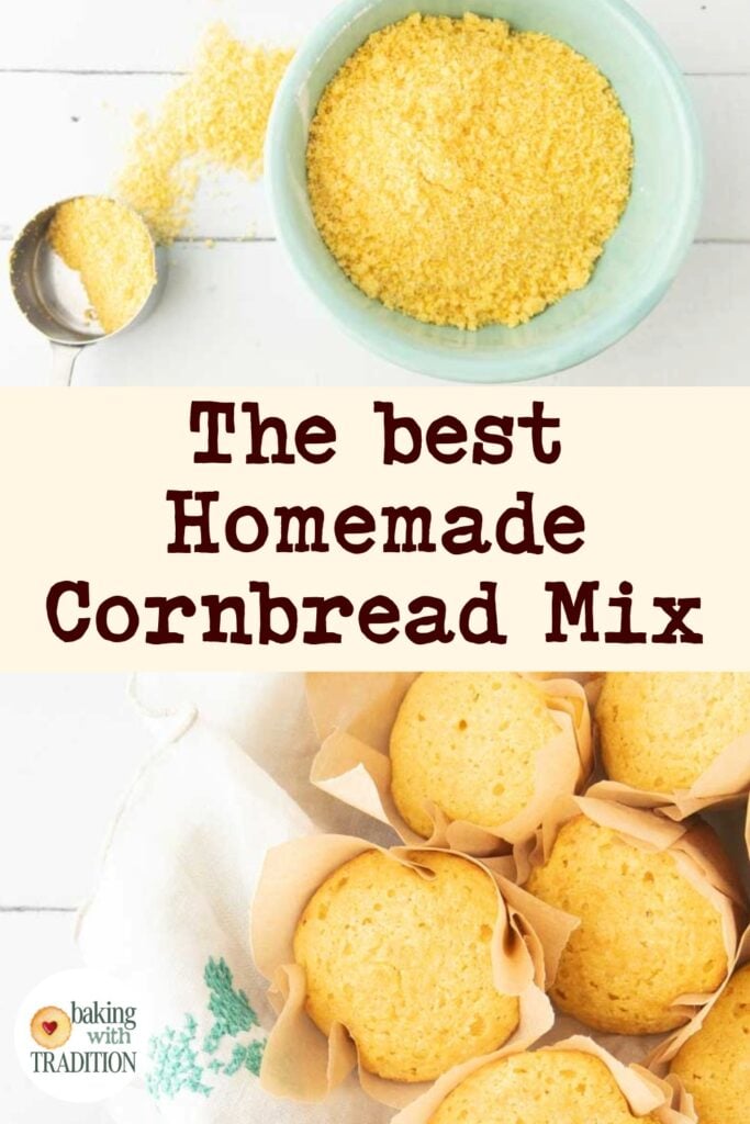 homemade jiffy cornbread mix in bowl and measuring cup and corn muffins, text overlay