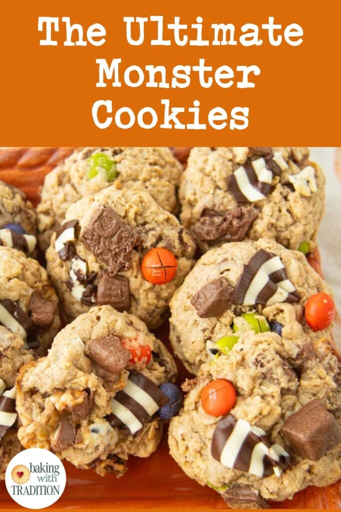 closeup of monster cookies on plate, text overlay