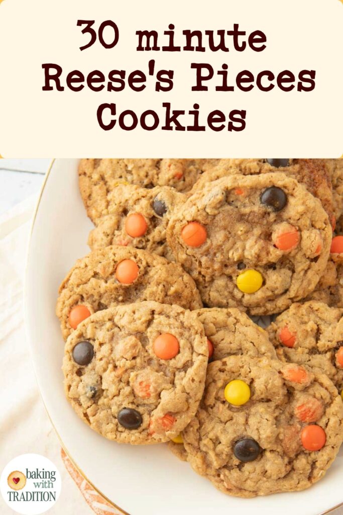Reese's Pieces peanut butter cookies on plate, text overlay