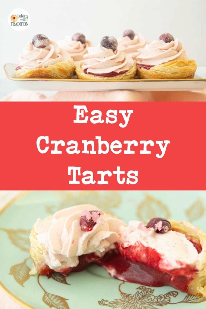 cranberry tarts on plate, cranberry tart cut on plate, text overlay