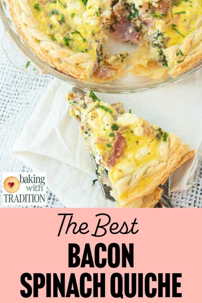 slice of bacon spinach quiche and pie plate of quiche and text overlay