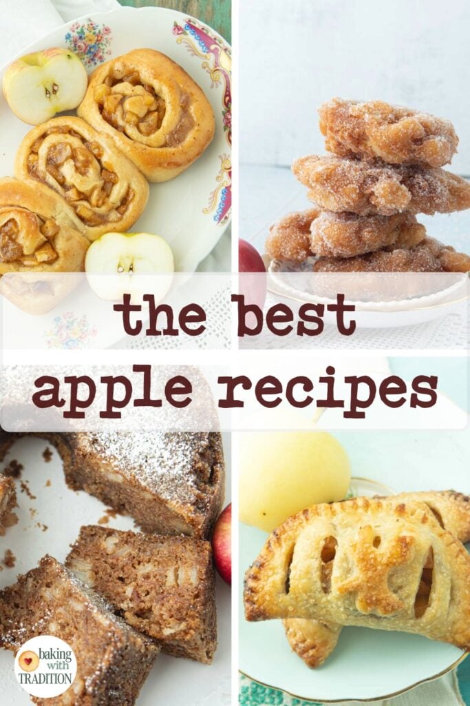 apple cake, apple pie cinnamon rolls, apple hand pies, and apple fritters, text overlay