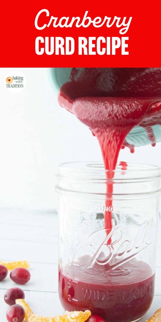 pouring cranberry curd into jar from pot, text overlay
