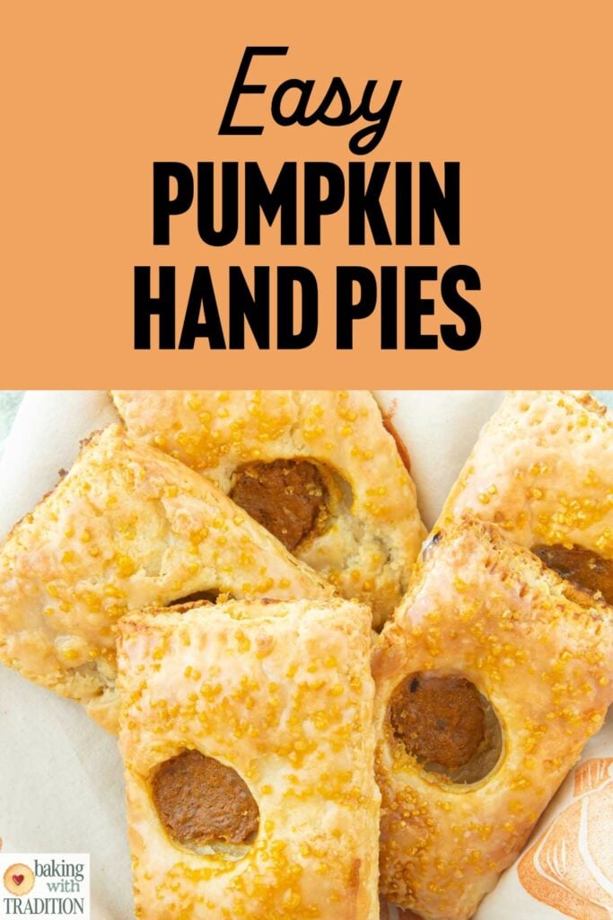 pumpkin hand pies in bowl, text overlay