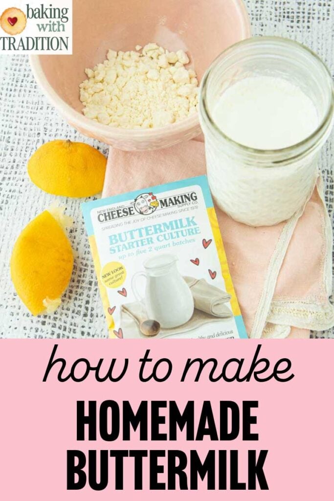 buttermilk in jar, lemons, buttermilk culture, and dried buttermilk in bowl and text overlay