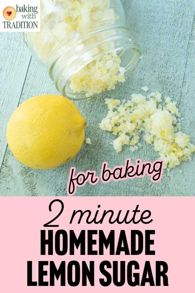 lemon sugar spilling out of jar and whole lemon, text overlay