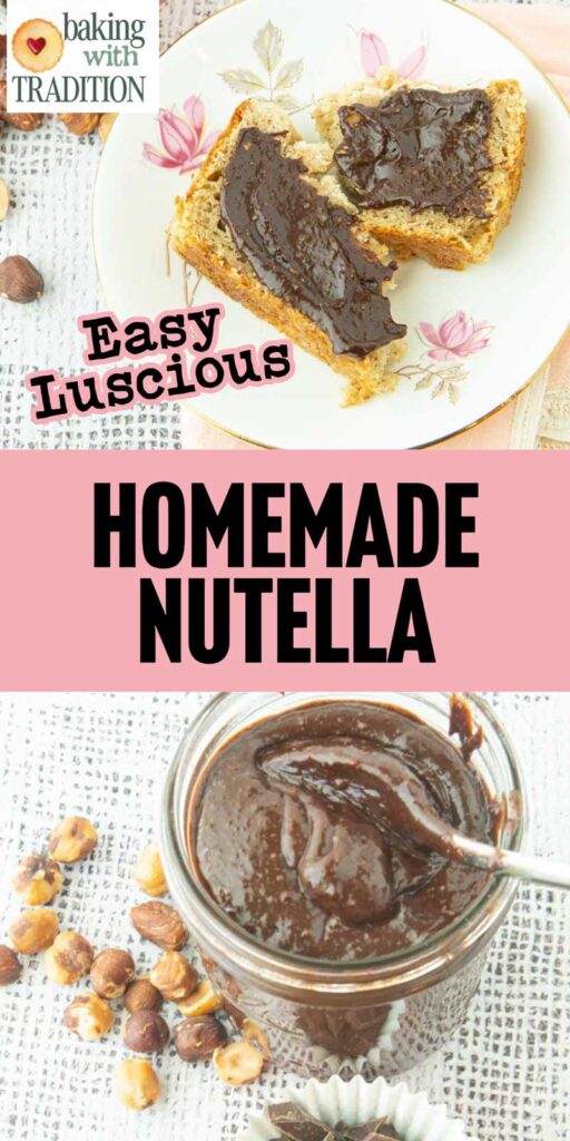 homemade nutella in jar with whole hazelnuts and chopped chocolate, hazelnuts, chopped chocolate and homemade nutella spread on bread and text overlay