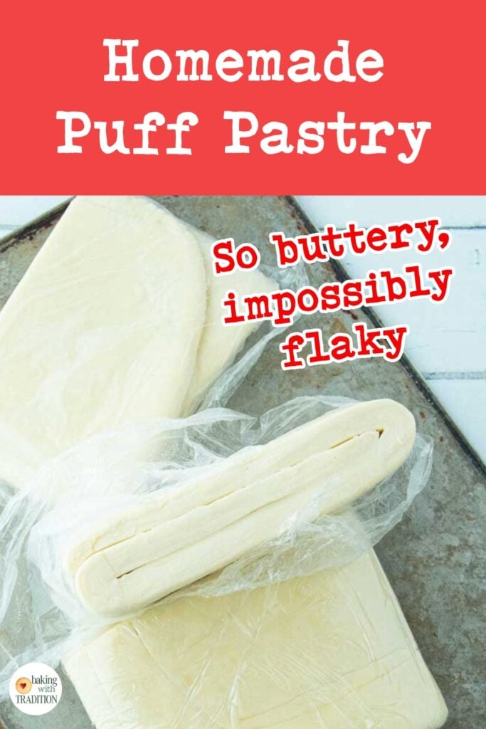 homemade puff pastry on sheet tray, text overlay