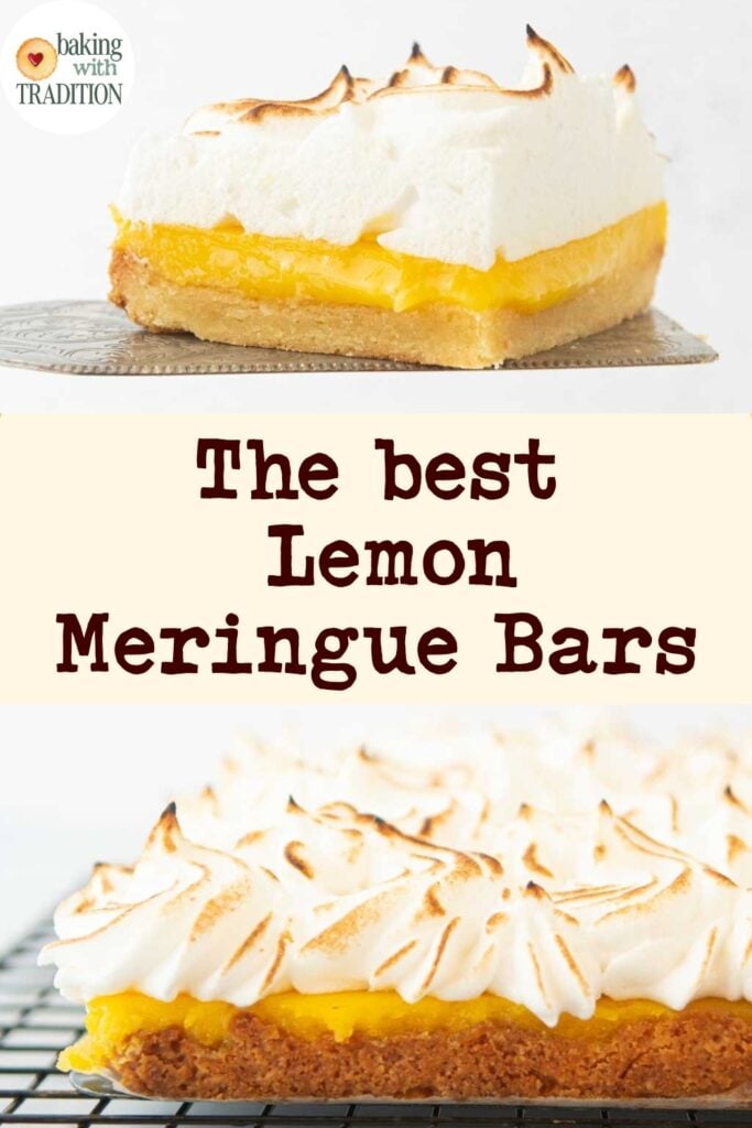 cross section of lemon meringue bars, lemon meringue bars on wire rack, text overlay
