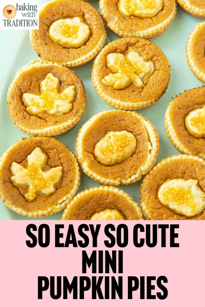 mini pumpkin pies on plate, text overlay