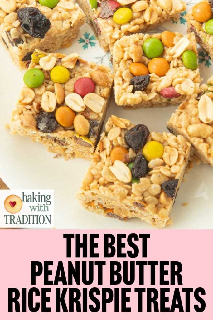 peanut butter rice krispie treats on plate and text overlay