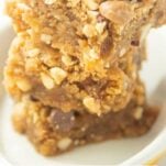 stack of peanut butter blondies, text overlay