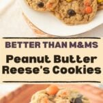 Reese's Pieces peanut butter cookies on wire rack, stack of Reese's Pieces cookies on plate, text overlay