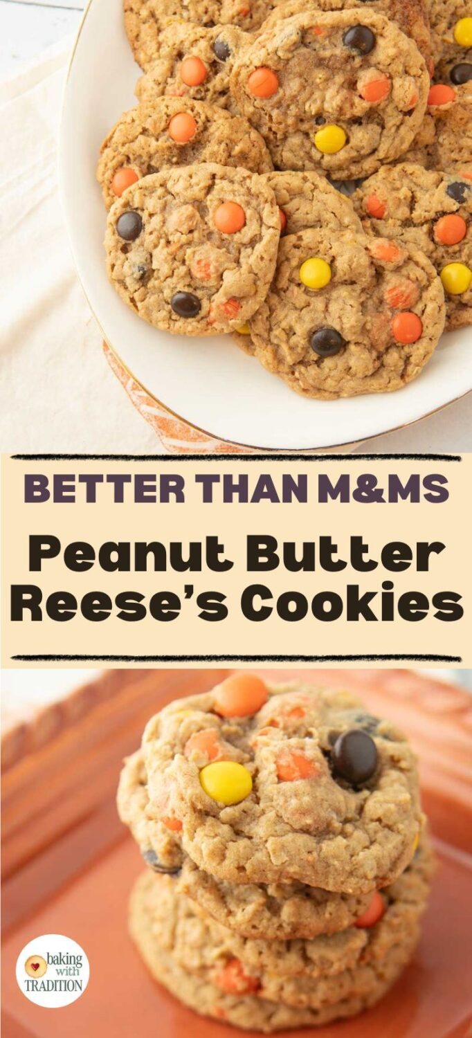 Reese's Pieces peanut butter cookies on wire rack, stack of Reese's Pieces cookies on plate, text overlay
