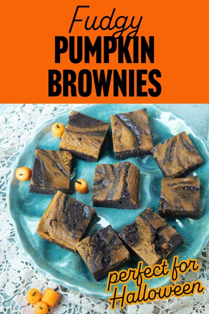 plate of pumpkin brownies with tiny marshmallow pumpkins, text overlay