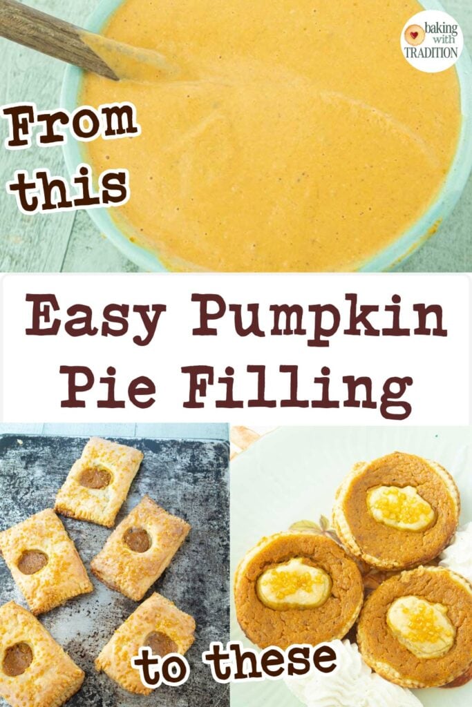 bowl of pumpkin pie filling, pumpkin hand pies, and mini pumpkin pies, text overlay