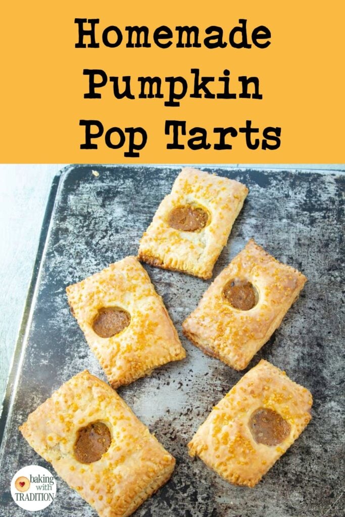pumpkin pop tarts on back of sheet tray, text overlay