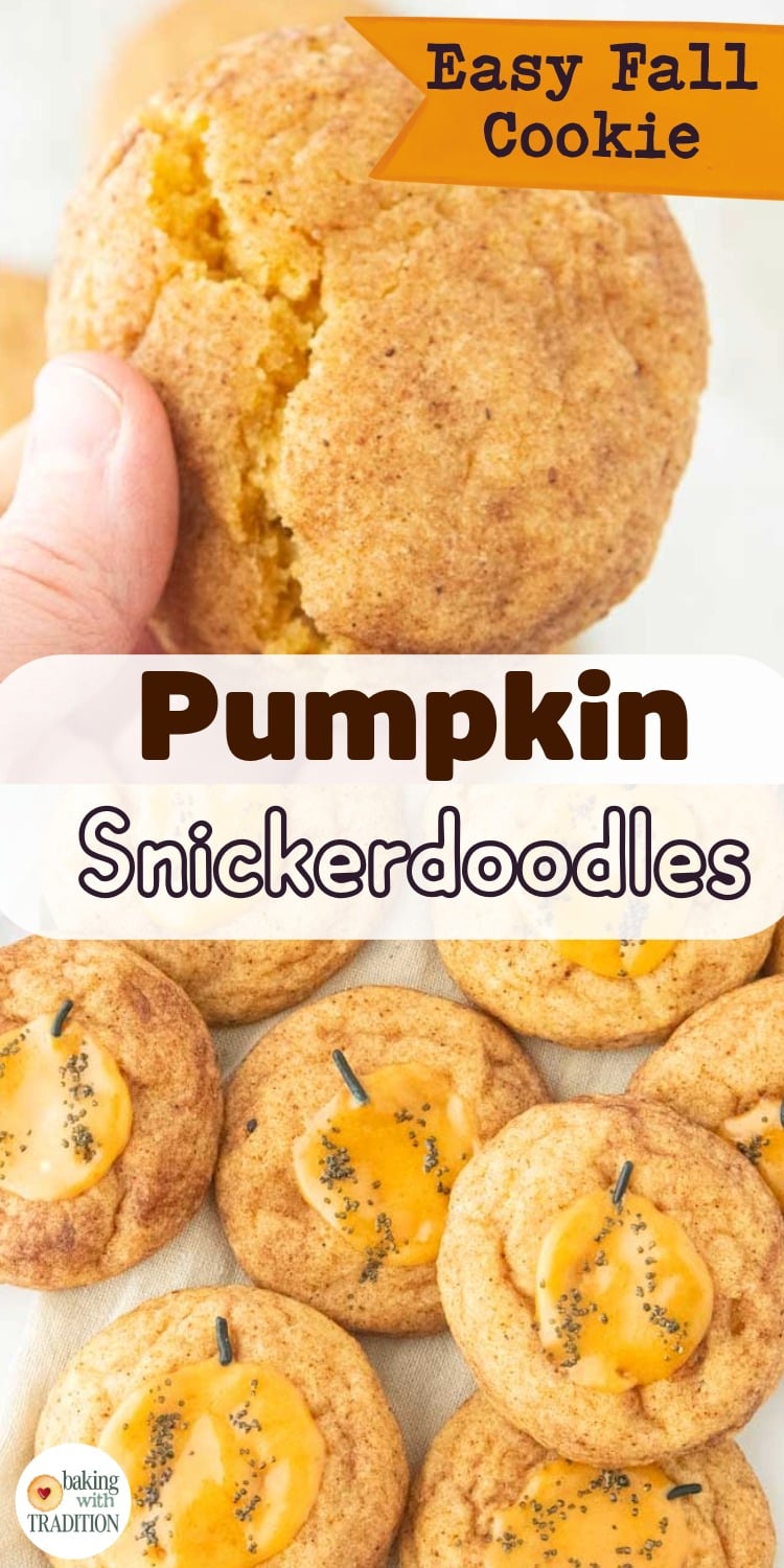 hand holding pumpkin snickerdoodle, pumpkin snickerdoodles decorated with icing pumpin, text overlay