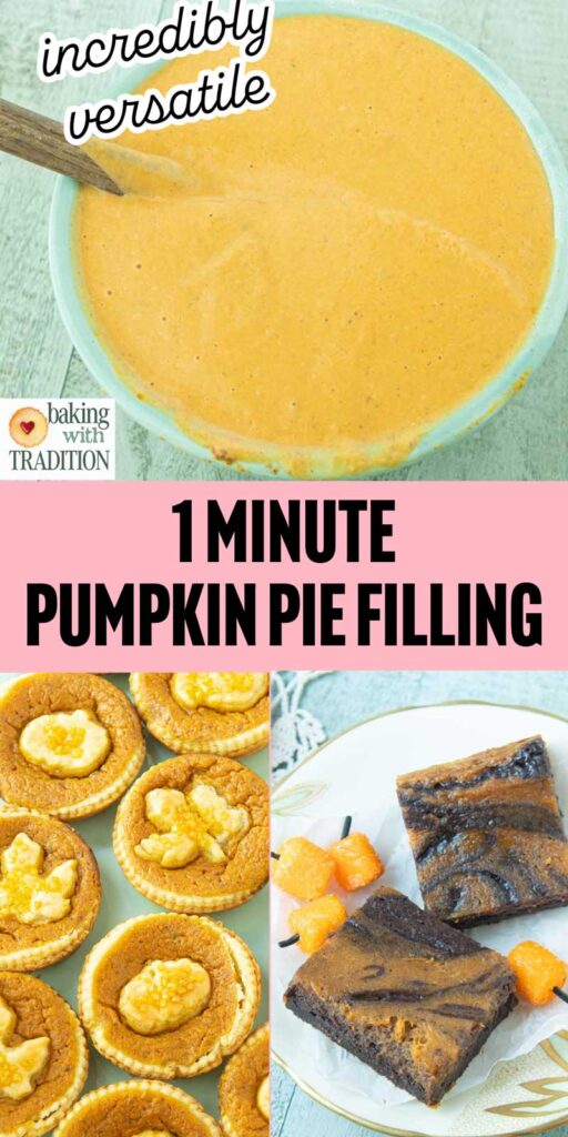 bowl of pumpkin pie filling, mini pumpkin pies, and pumpkin brownies, text overlay