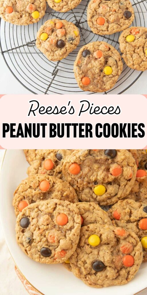 reese's pieces cookies on wire rack, plate of reese's pieces cookies