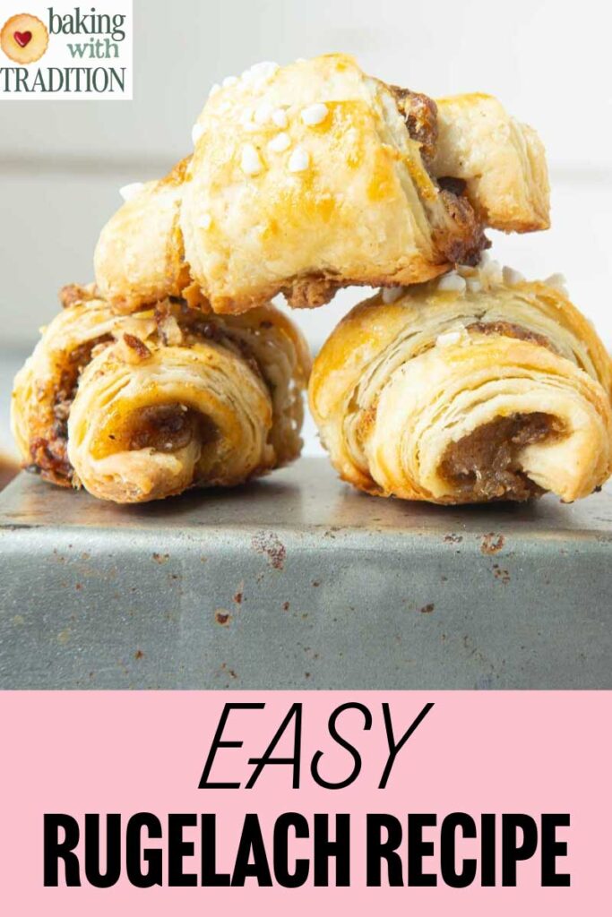 side of rugelach cookies stacked with text overlay
