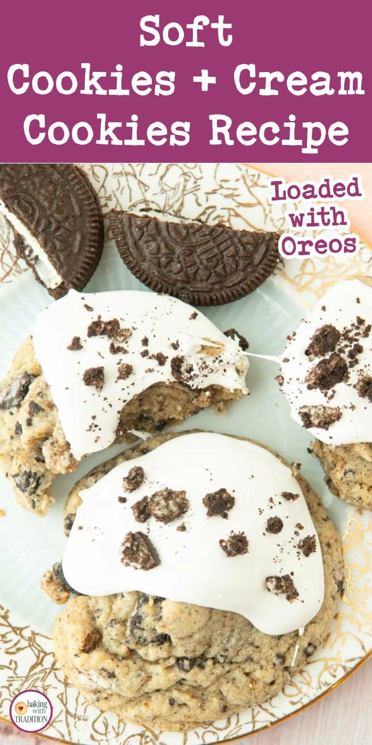 cookies and cream cookies on plate, one showing pull on marshmallow frosting, oreo halves on plate, text overlay