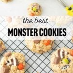 portioning out monster cookie dough, baked monster cookies on wire rack, text overlay