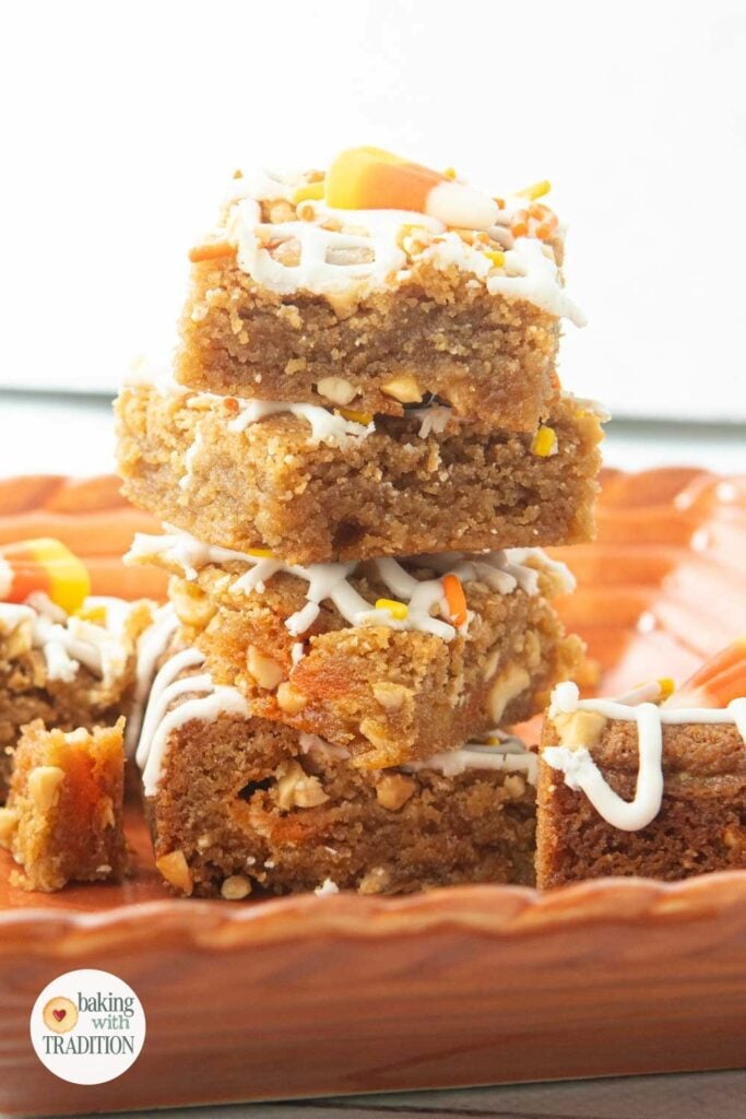 stack of candy corn blondies on plate