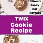 twix cookies on plate next to twix bars, twix cookies on parchment after decorating with twix bars, caramel and chocolate stripes, text overlay