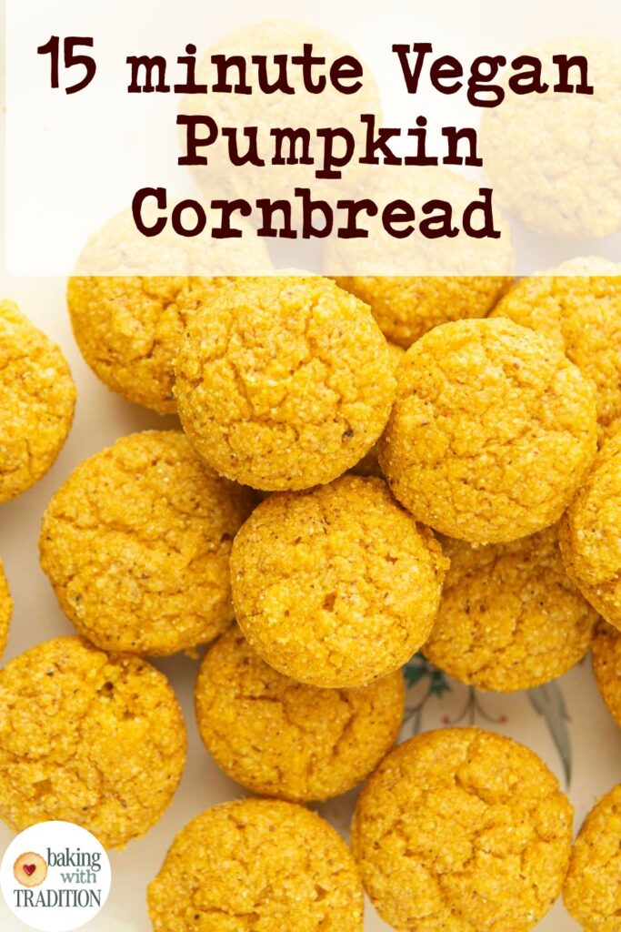 stack of vegan pumpkin cornbread muffins, text overlay