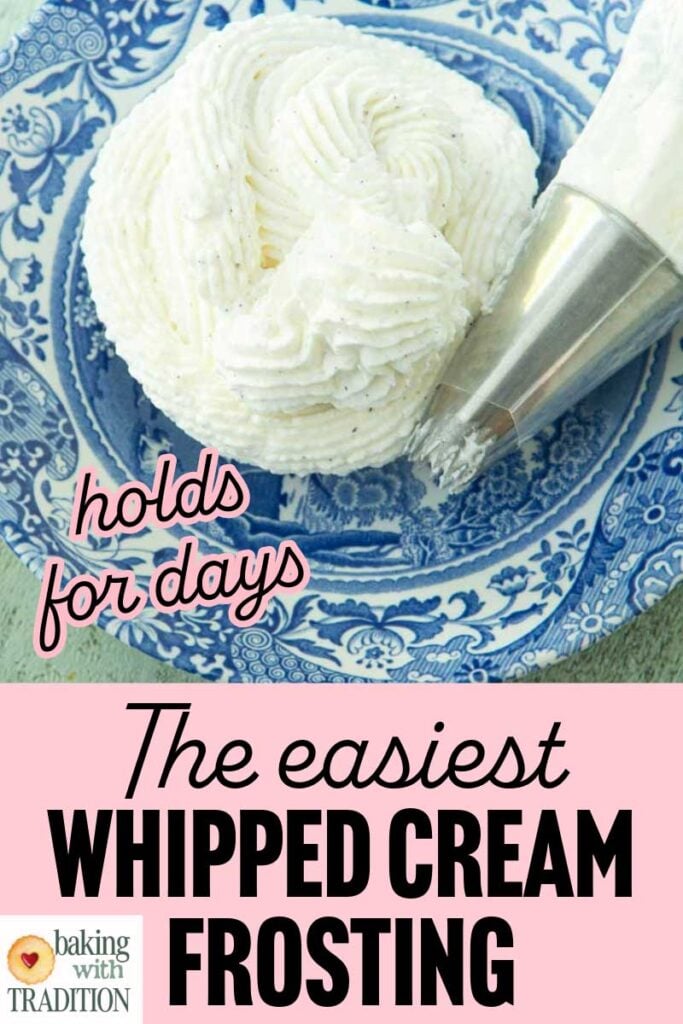whipped cream frosting on plate next to piping bag, text overlay