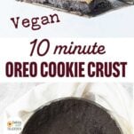 slice of peanut butter pie, baked oreo crust in pie pan, text overlay