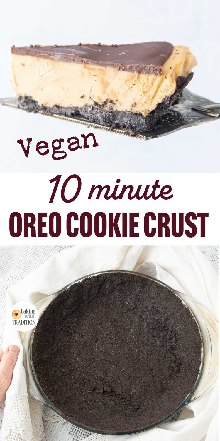 slice of peanut butter pie, baked oreo crust in pie pan, text overlay