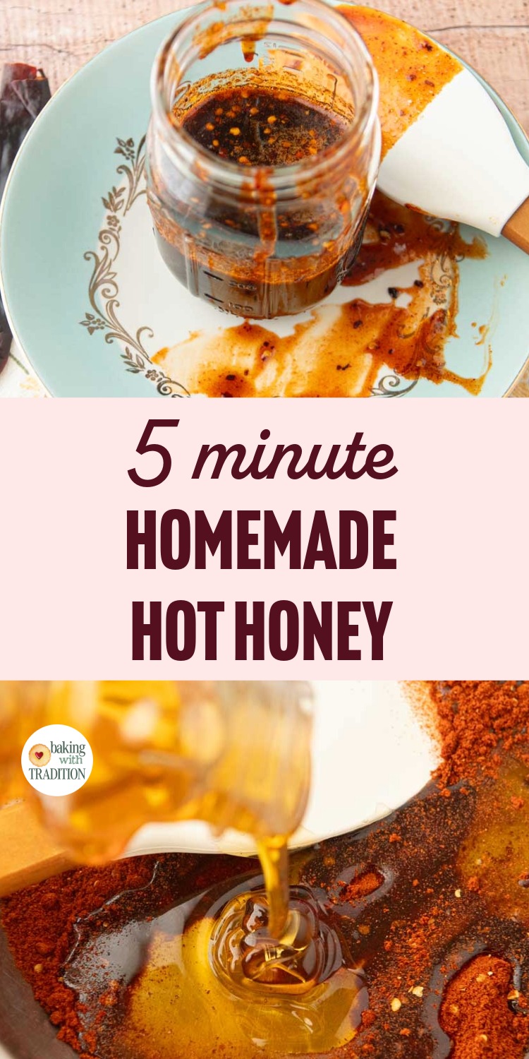 adding honey to toasted chile powder in pan, hot honey in jar, text overlay