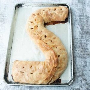 whole strudel on sheet tray